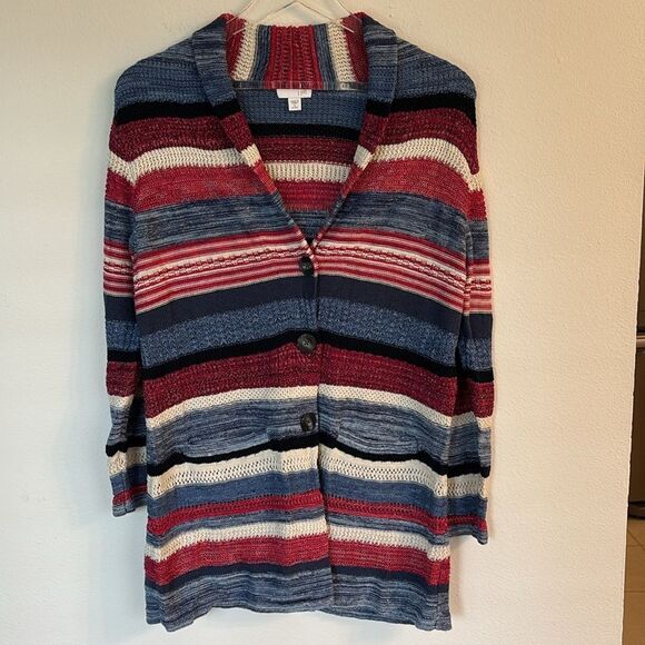 J. Jill Red White Blue Striped 3 Button Cardigan Size Small Petite - Picture 2 of 9